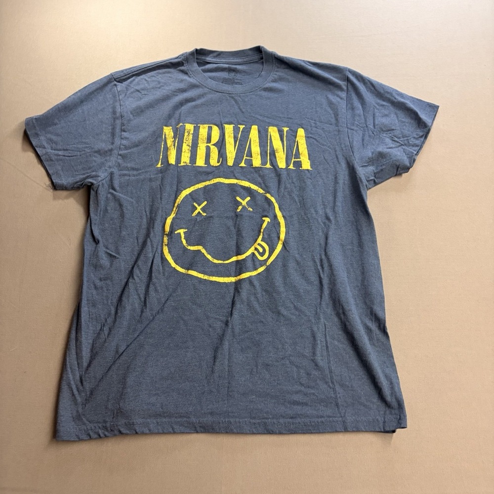 Nirvana T-Shirt Size Medium Blue with Yellow Smiley Face Logo Kurt Cobain